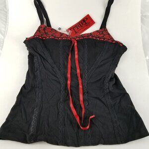 Tripp NYC XL Jrs Faux Corset Top Tank Womens Black Top with Red Lace Accents NWT